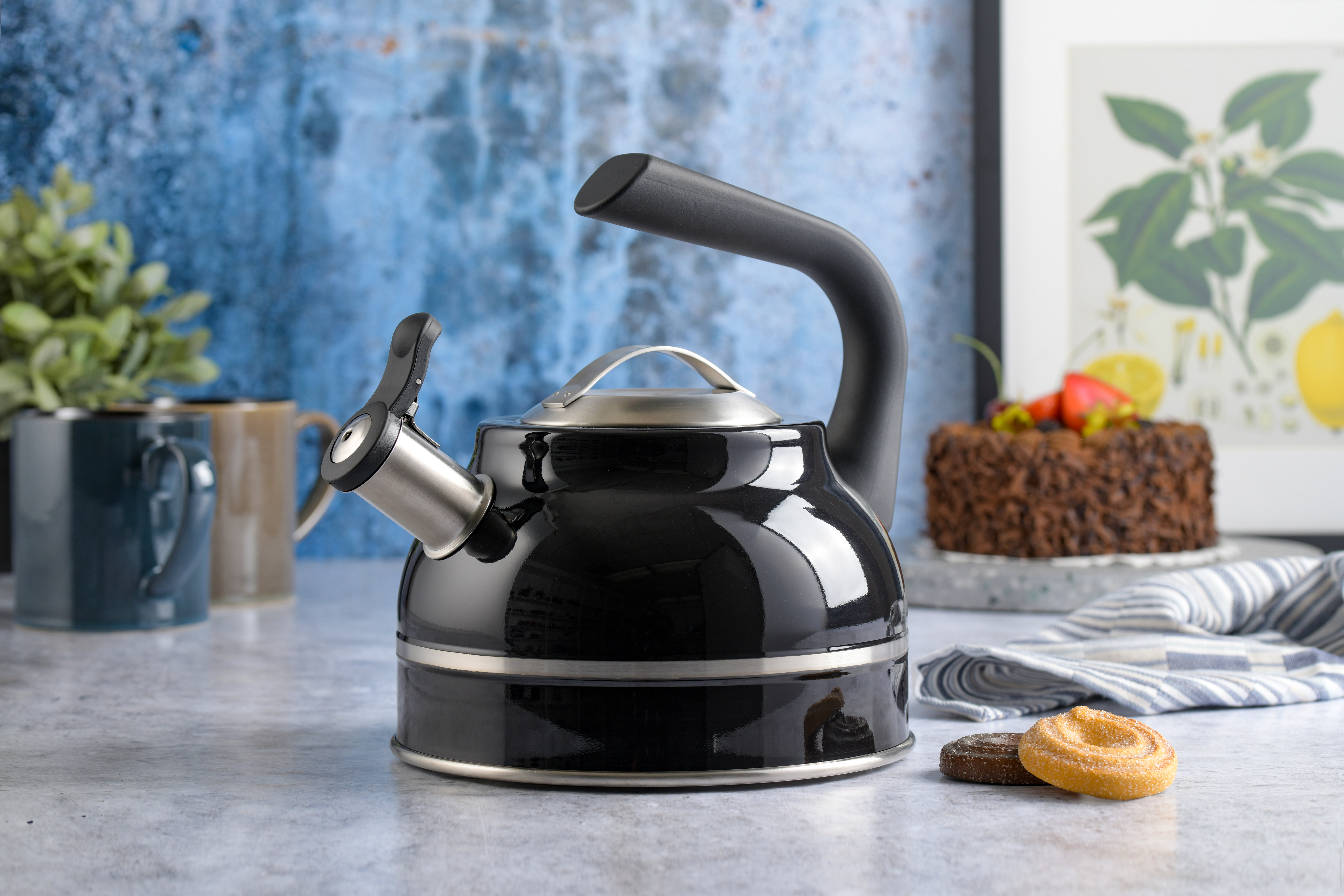 Elite Costner 2.3 Qt Stainless Steel Tea Kettle w/Encapsulated Base & Bakelite Handle - Satin Interior/Black Exterior 13741101