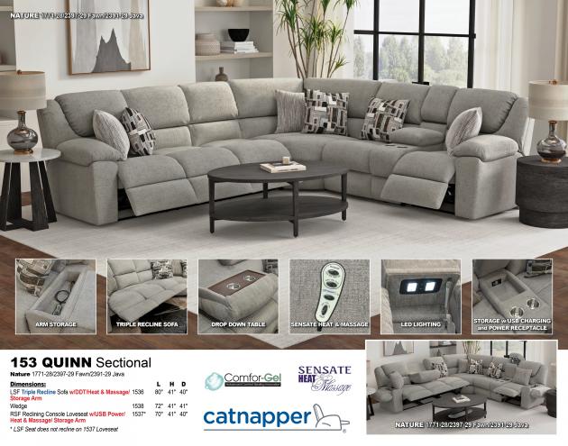 Quinn 153 LSF Triple Reconer Sofa w/DDT/Heat & Massage/Storage Arm 1536