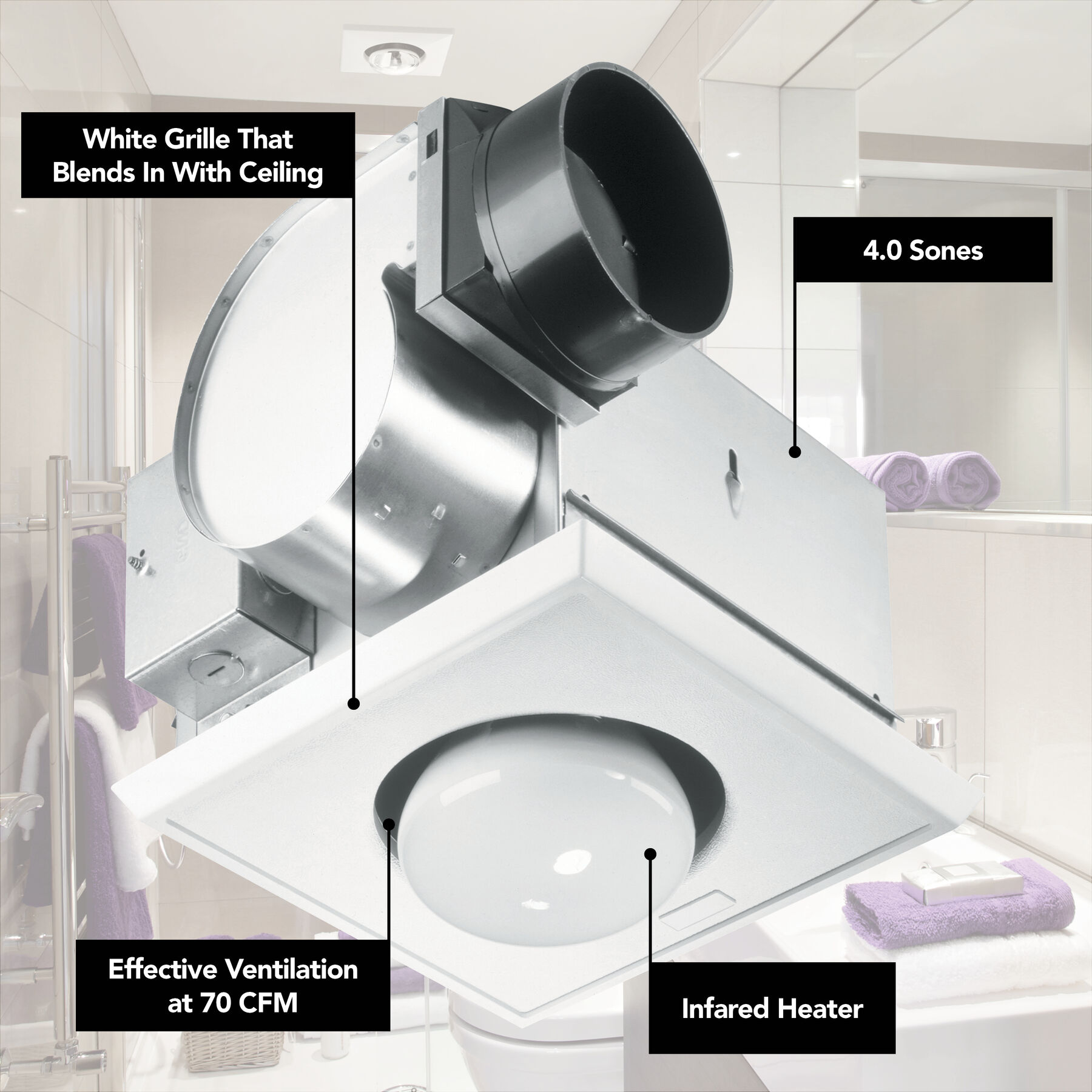 70 CFM OneBulb Heater/Ventilation Fan, 250W BR40 Infrared Bulb, 4.0 Sones 162M