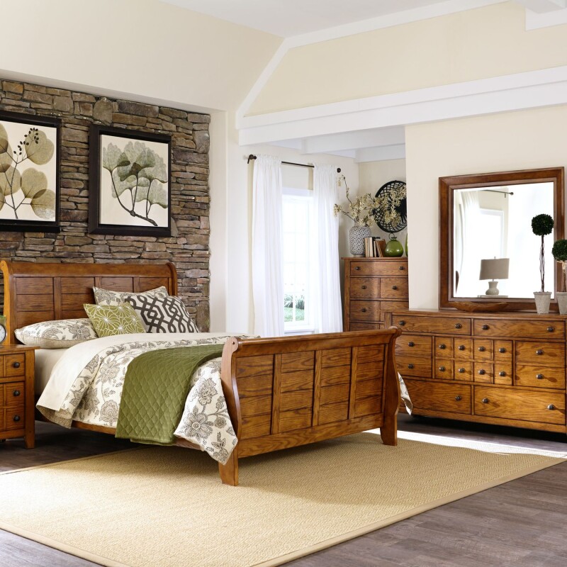 Grandpas Cabin Queen Sleigh Bed, Dresser & Mirror, Night Stand 175BRQSLDMN