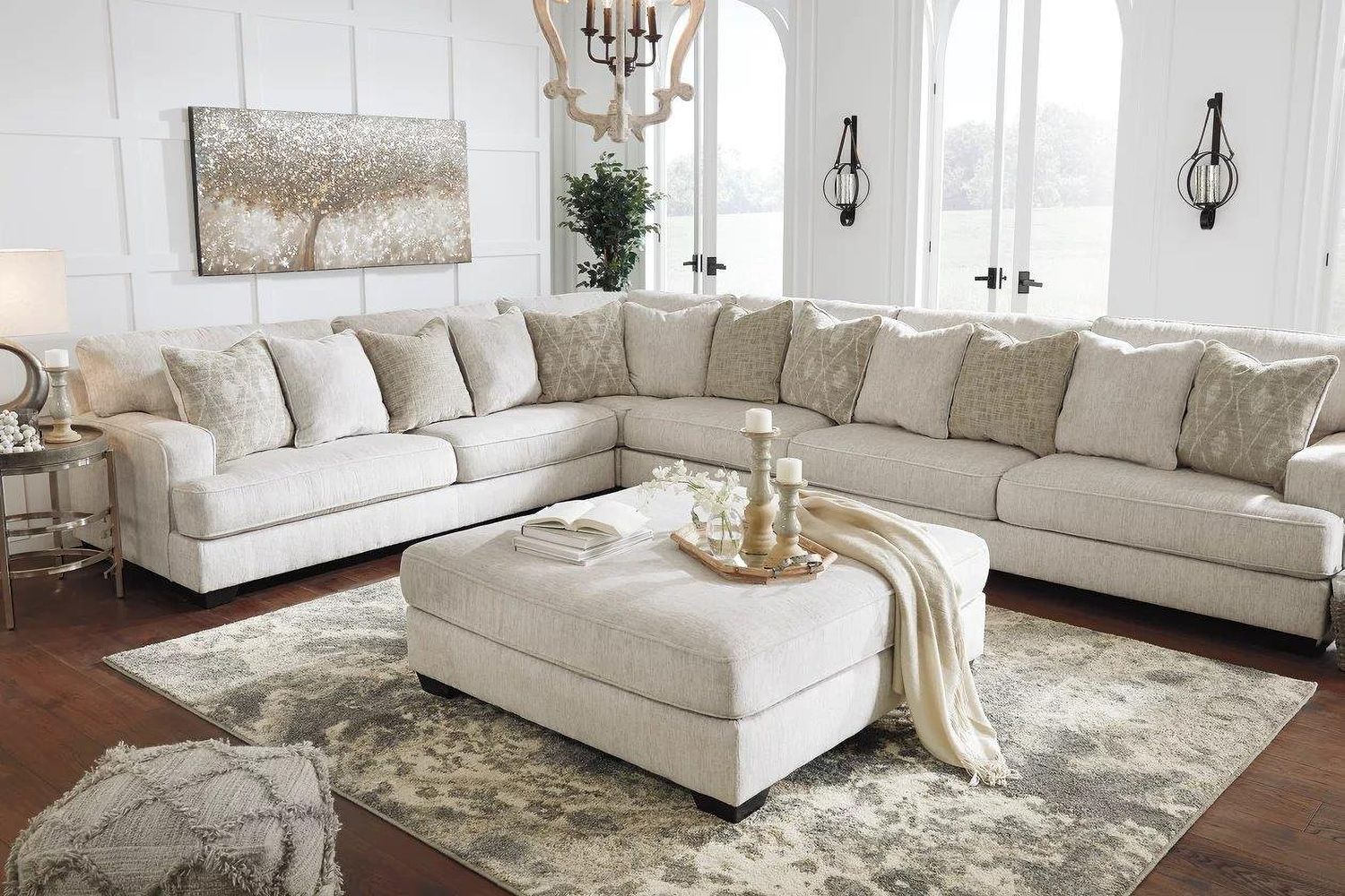 Rawcliffe 5-Piece Sectional and Oversized Ottoman In Parchment 19604U4