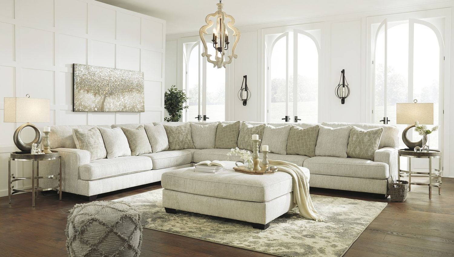Rawcliffe 5-Piece Sectional and Oversized Ottoman In Parchment 19604U4