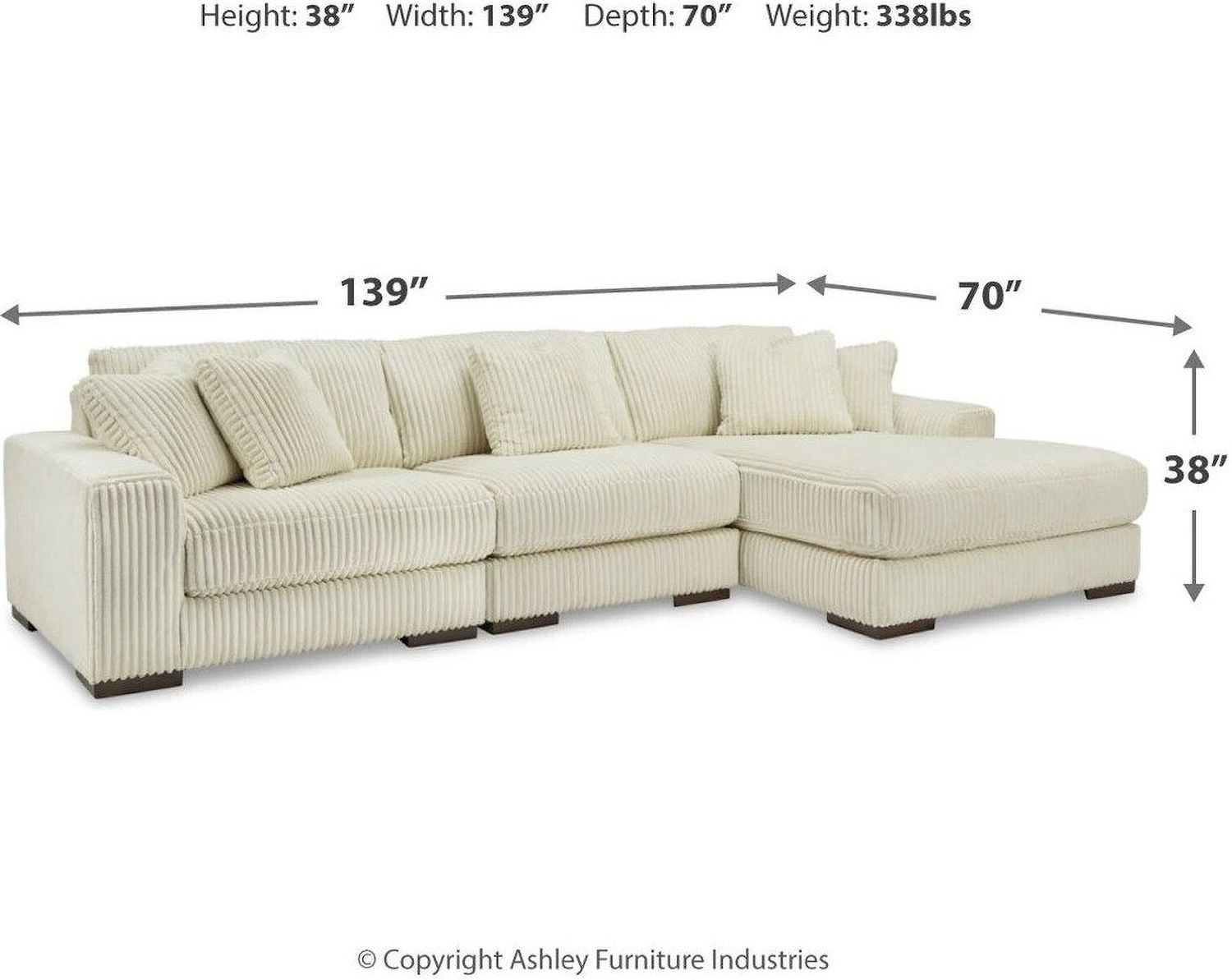 Lindyn 3-Piece RAF Sectional With Chaise In Ivory 21104S12