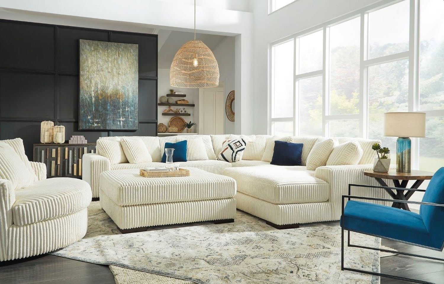 Lindyn 6-Piece Sectional with Chaise and Ottoman In Ivory 21104U1