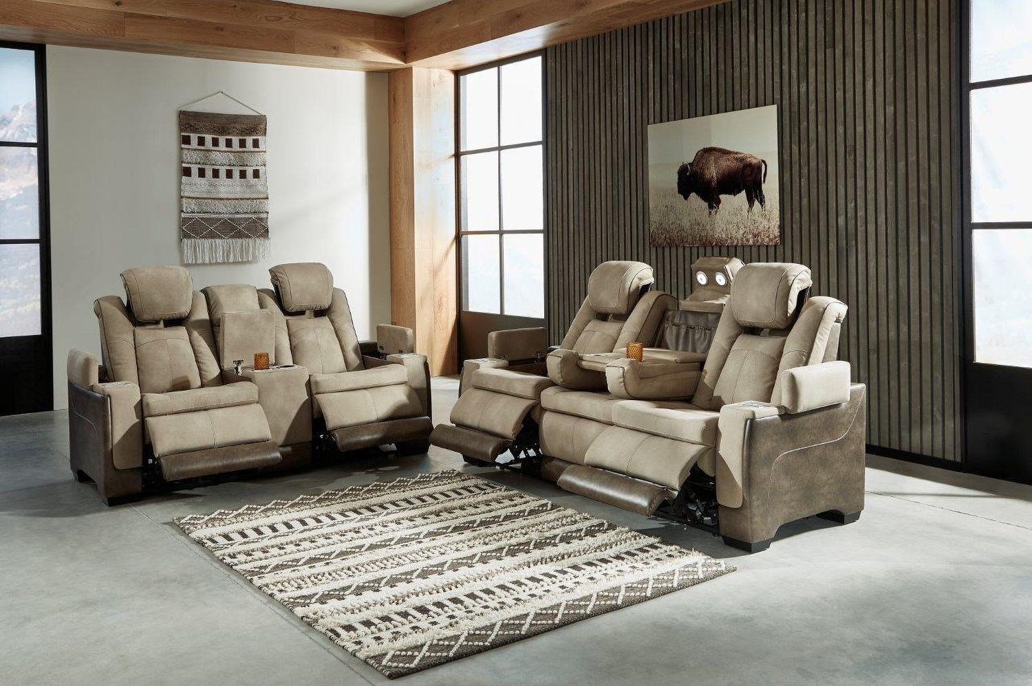 Next-Gen Durapella Power Reclining Console Loveseat With Adjustable Headrest In Two-Tone Sand 2200318