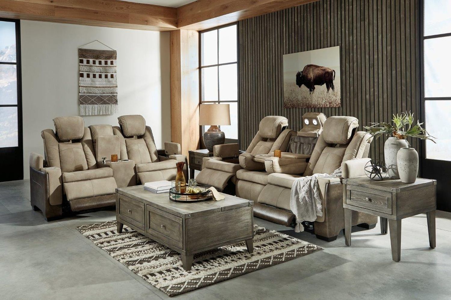 Next-Gen Durapella Power Reclining Console Loveseat With Adjustable Headrest In Two-Tone Sand 2200318