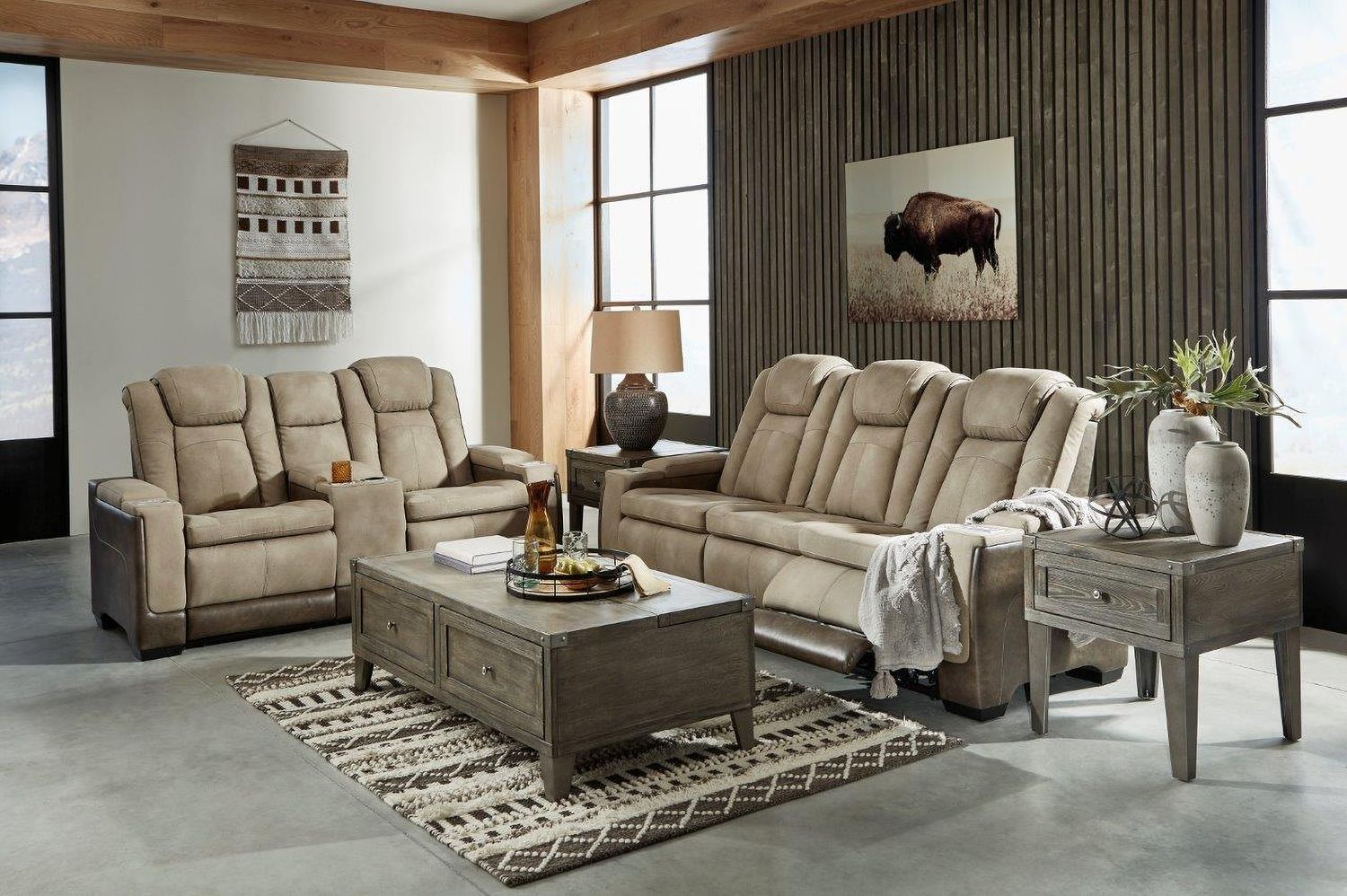Next-Gen Durapella Power Reclining Living Room Set With Adjustable Headrest In Sand 22003U1