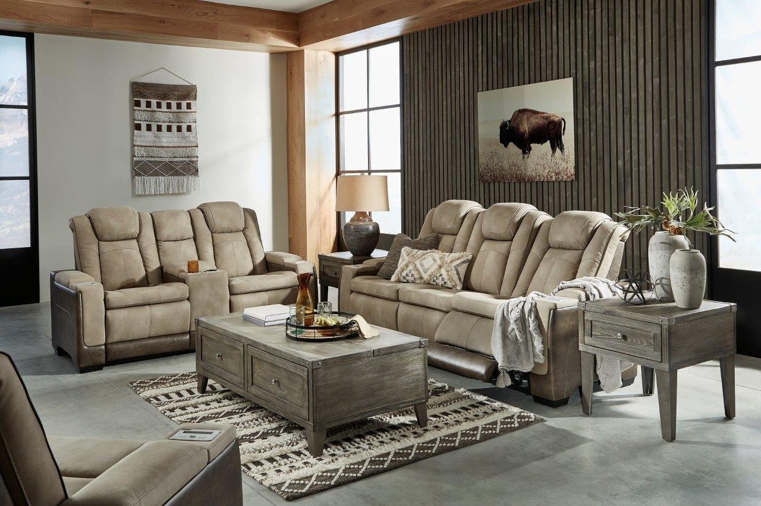 Next-Gen Durapella Power Reclining Living Room Set With Adjustable Headrest In Sand 22003U1