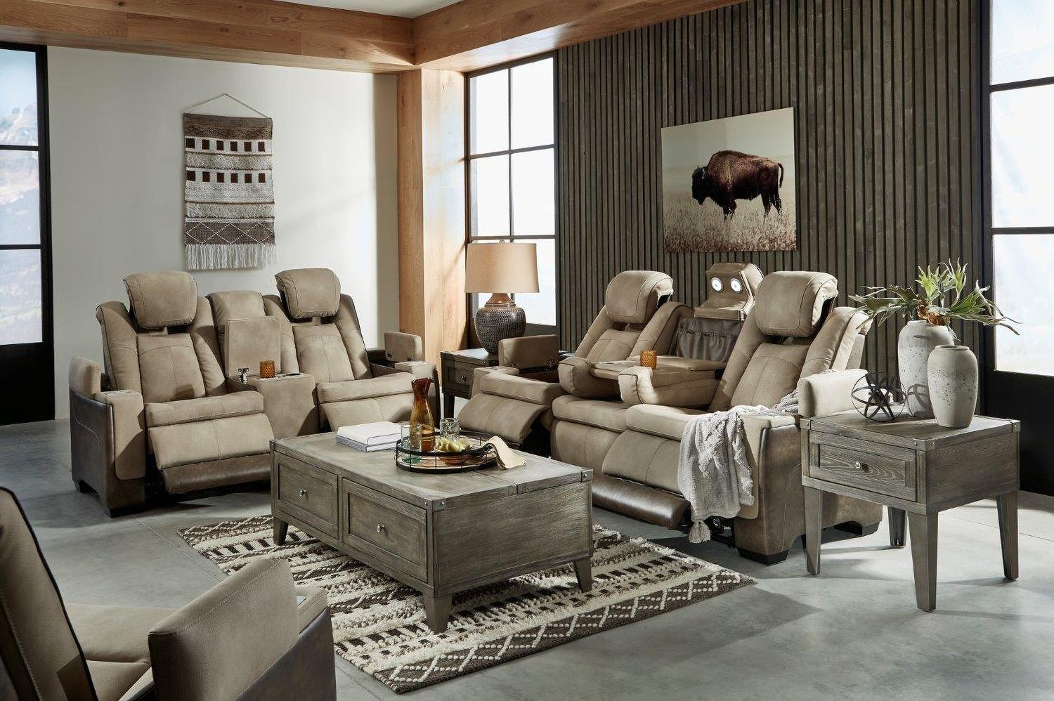 Next-Gen Durapella Power Reclining Living Room Set With Adjustable Headrest In Sand 22003U1