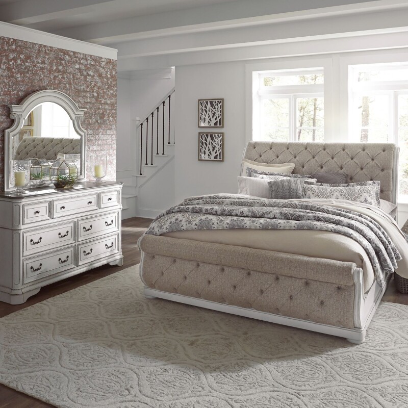 Magnolia Manor King California Upholstered Sleigh Bed, Dresser & Mirror 244BRCKUSLDM
