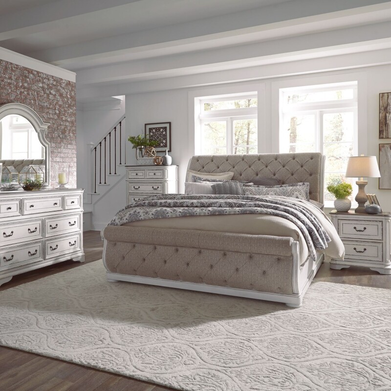 Magnolia Manor King California Upholstered Sleigh Bed, Dresser & Mirror, Chest, Night Stand 244BRCKUSLDMCN