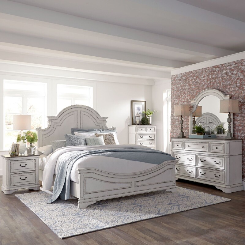 Magnolia Manor King Panel Bed, Dresser & Mirror, Chest, Night Stand 244BRKPBDMCN
