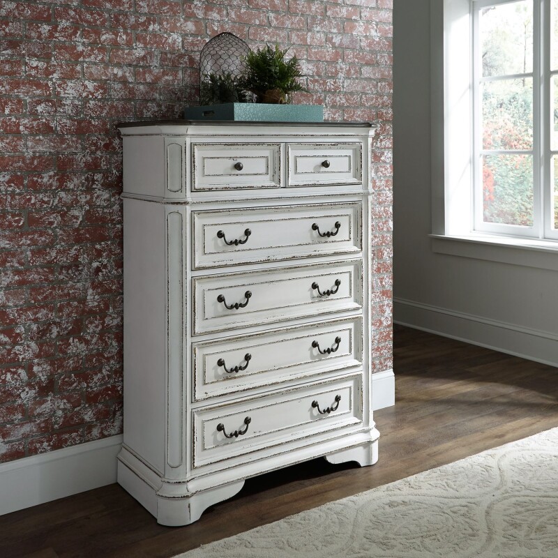 Magnolia Manor King Uph Bed, Dresser & Mirror, Chest, Night Stand 244BRKUBDMCN