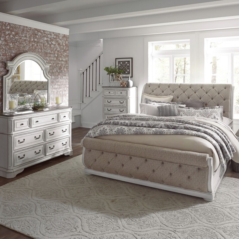 Magnolia Manor King Uph Sleigh Bed, Dresser & Mirror, Chest 244BRKUSLDMC