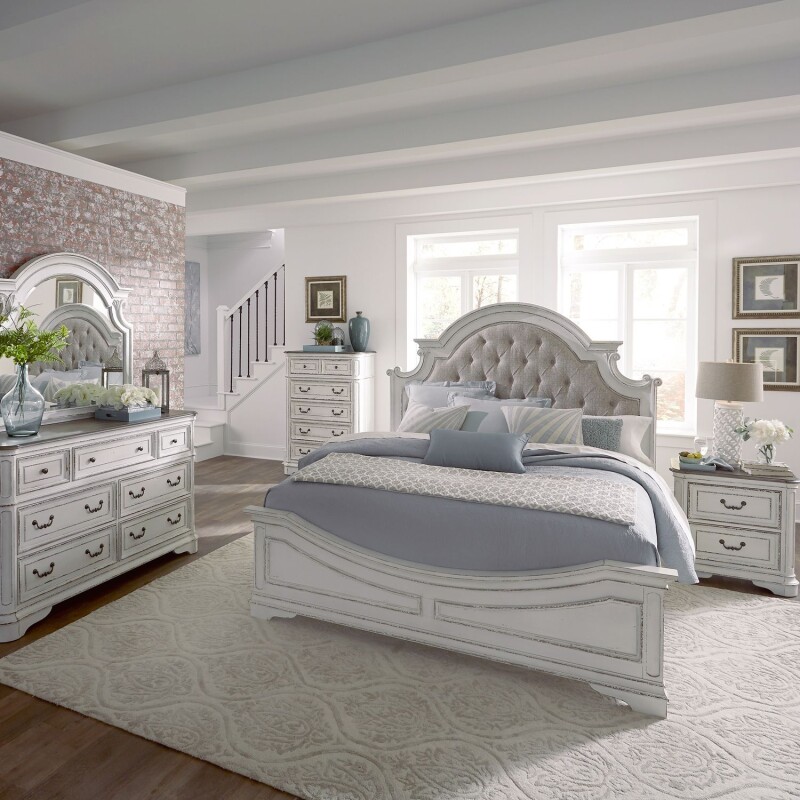 Magnolia Manor Queen Uph Bed, Dresser & Mirror, Chest, Night Stand 244BRQUBDMCN