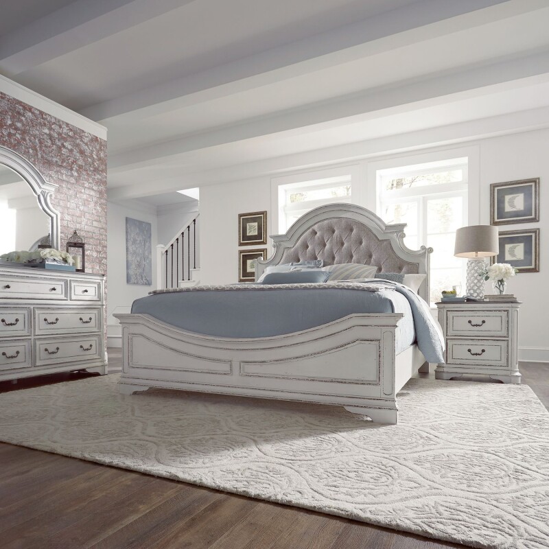 Magnolia Manor Queen Uph Bed, Dresser & Mirror, Night Stand 244BRQUBDMN