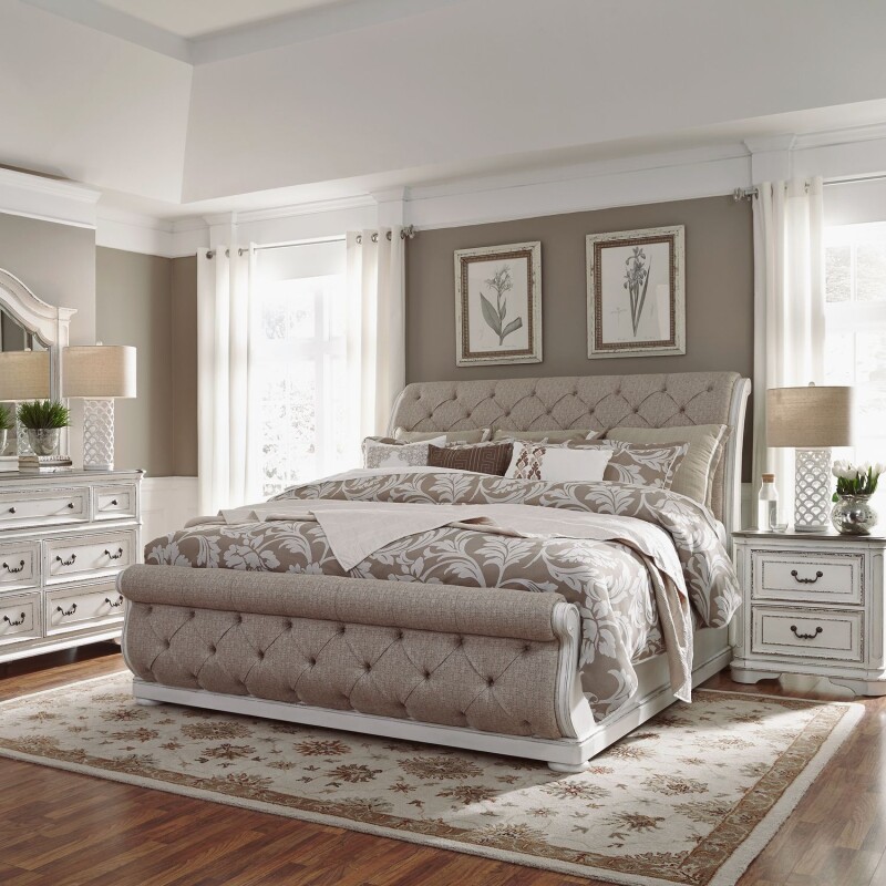 Magnolia Manor Queen Uph Sleigh Bed, Dresser & Mirror, Night Stand 244BRQUSLDMN