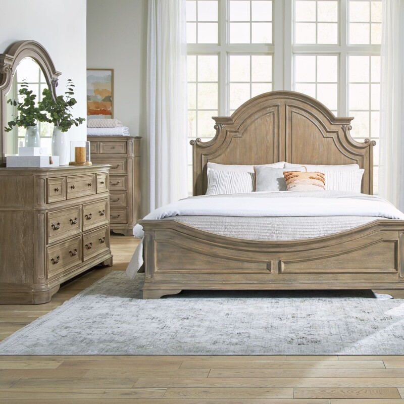 Magnolia Manor King Panel Bed, Dresser & Mirror, Chest 244NBRKPBDMC