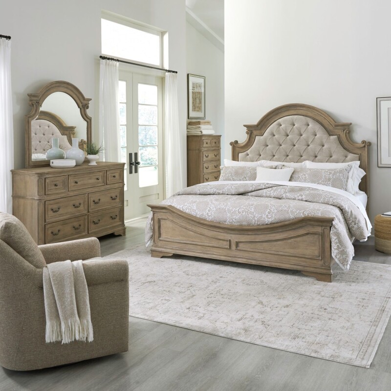 Magnolia Manor King Uph Bed, Dresser & Mirror, Chest 244NBRKUBDMC