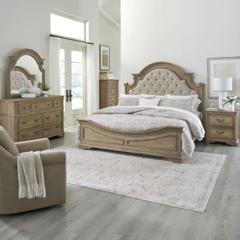 Magnolia Manor Queen Uph Bed, Dresser & Mirror, Chest, Night Stand 244NBRQUBDMCN
