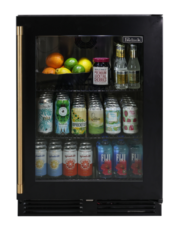 Add a pop of color to any standard height Perlick under counter refrigerator with a painted white or black replacement door accented with brushed brass handles 24RDKMBGBR