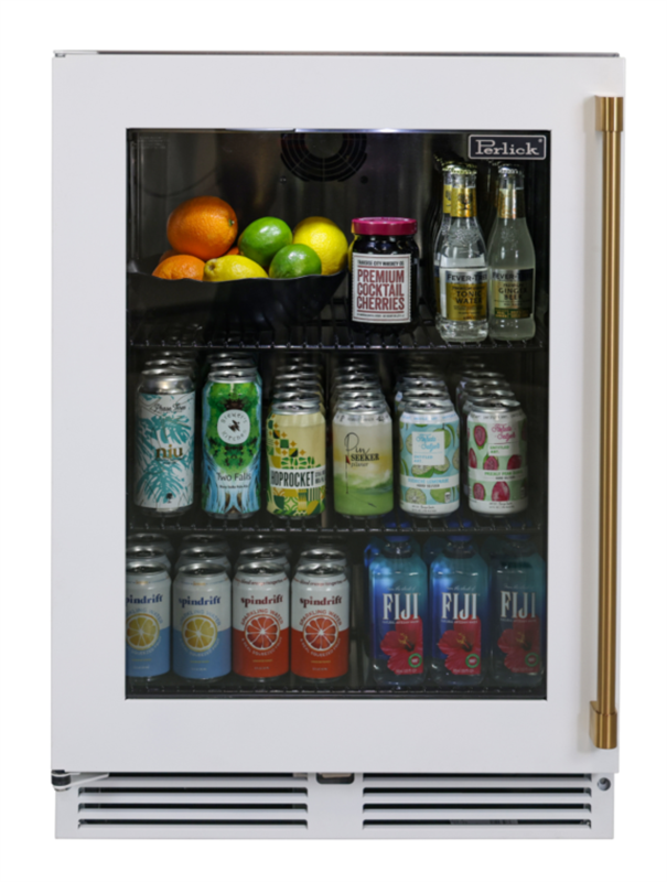 Add a pop of color to any standard height Perlick under counter refrigerator with a painted white or black replacement door accented with brushed brass handles 24RDKMWGBR