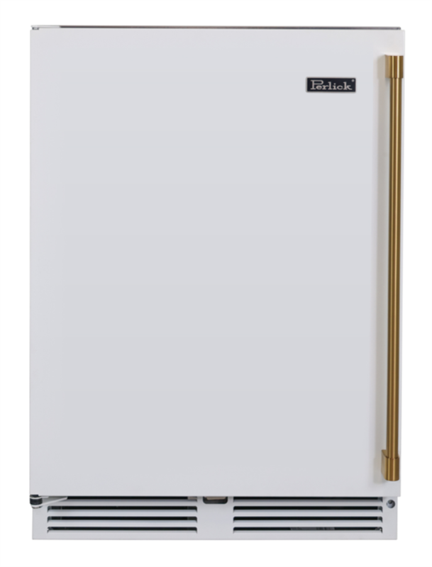 Add a pop of color to any standard height Perlick under counter refrigerator with a painted white or black replacement door accented with brushed brass handles 24RDKMWSBR