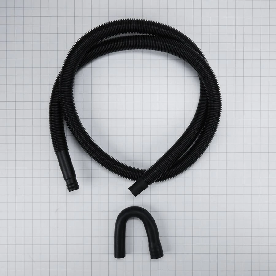 8' Black washer drain hose with molded and straight plastic fittings, U-shape rubber nozzle, and spring clamp - 1 pack 285666