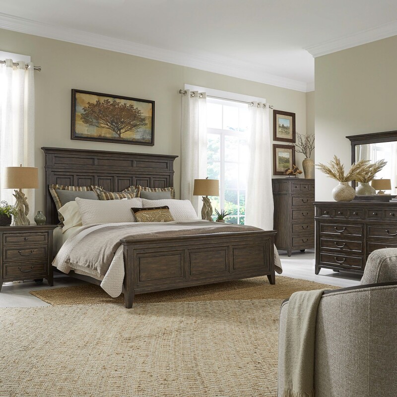 Paradise Valley King Panel Bed, Dresser & Mirror, Chest, Night Stand 297BRKPBDMCN