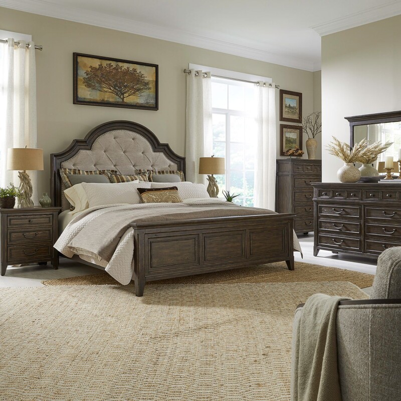 Paradise Valley King Uph Bed, Dresser & Mirror, Chest, Night Stand 297BRKUBDMCN