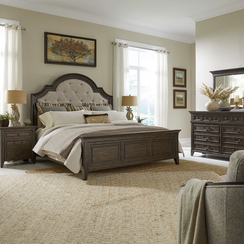 Paradise Valley King Uph Bed, Dresser & Mirror, Night Stand 297BRKUBDMN