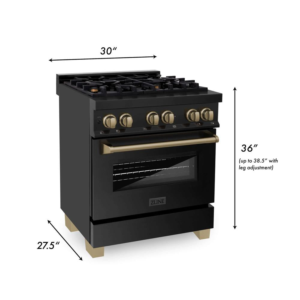 Autograph Edition 30 in. Kitchen Package with Black Stainless Steel Dual Fuel Range and Range Hood with Champagne Bronze Accents 2AKPRABRH30CB