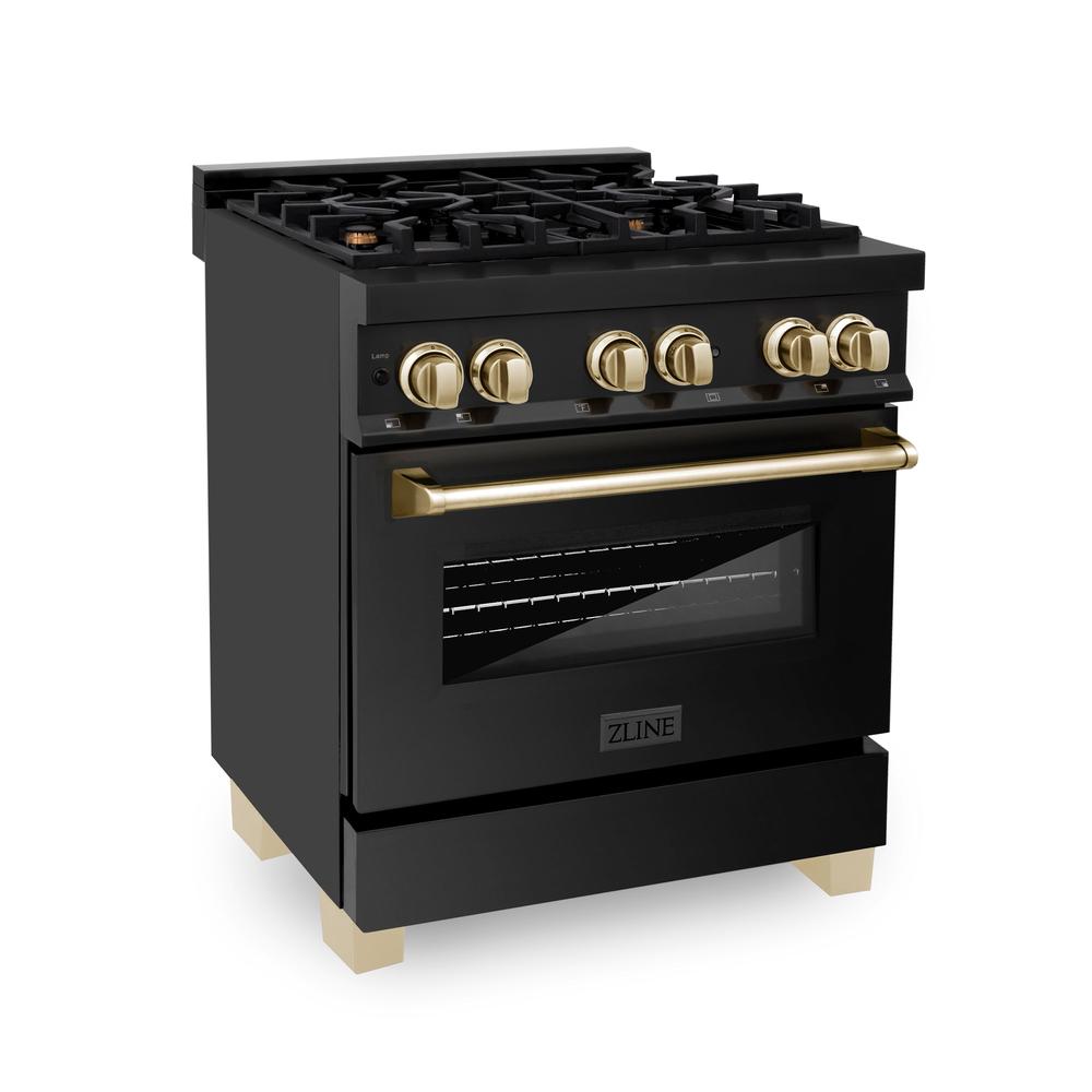 Autograph Edition 30 in. Kitchen Package with Black Stainless Steel Dual Fuel Range and Range Hood with Polished Gold Accents 2AKPRABRH30G