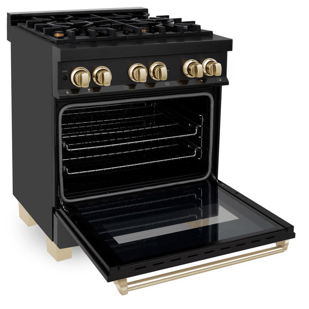 Autograph Edition 30 in. Kitchen Package with Black Stainless Steel Dual Fuel Range and Range Hood with Polished Gold Accents 2AKPRABRH30G