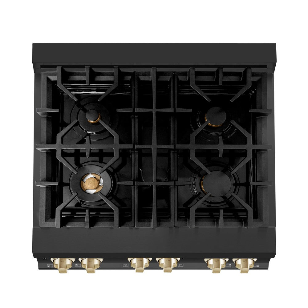 Autograph Edition 30 in. Kitchen Package with Black Stainless Steel Dual Fuel Range and Range Hood with Polished Gold Accents 2AKPRABRH30G