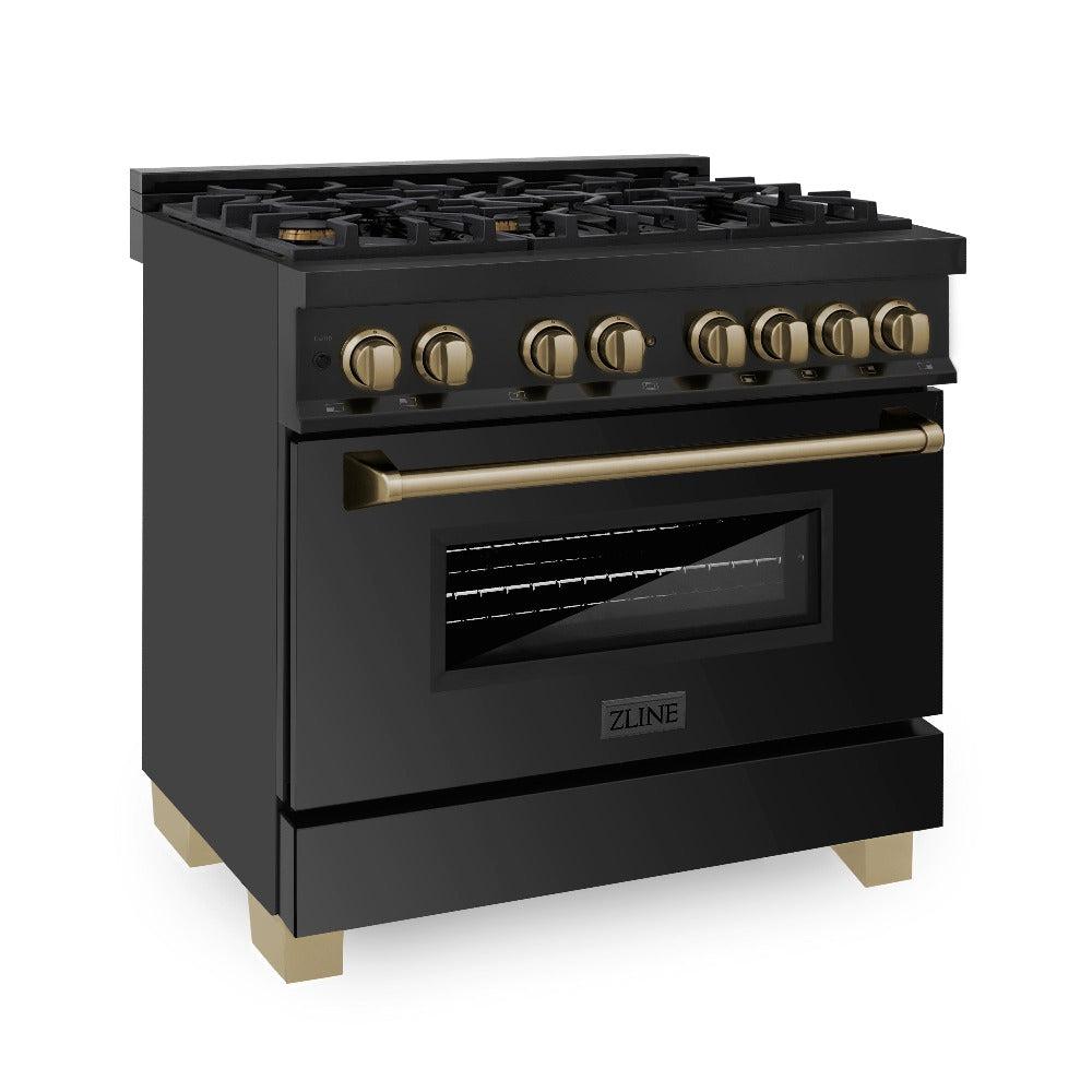 Autograph Edition 36 in. Kitchen Package with Black Stainless Steel Dual Fuel Range and Range Hood with Champagne Bronze Accents 2AKPRABRH36CB