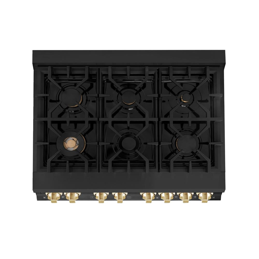Autograph Edition 36 in. Kitchen Package with Black Stainless Steel Dual Fuel Range and Range Hood with Polished Gold Accents 2AKPRABRH36G