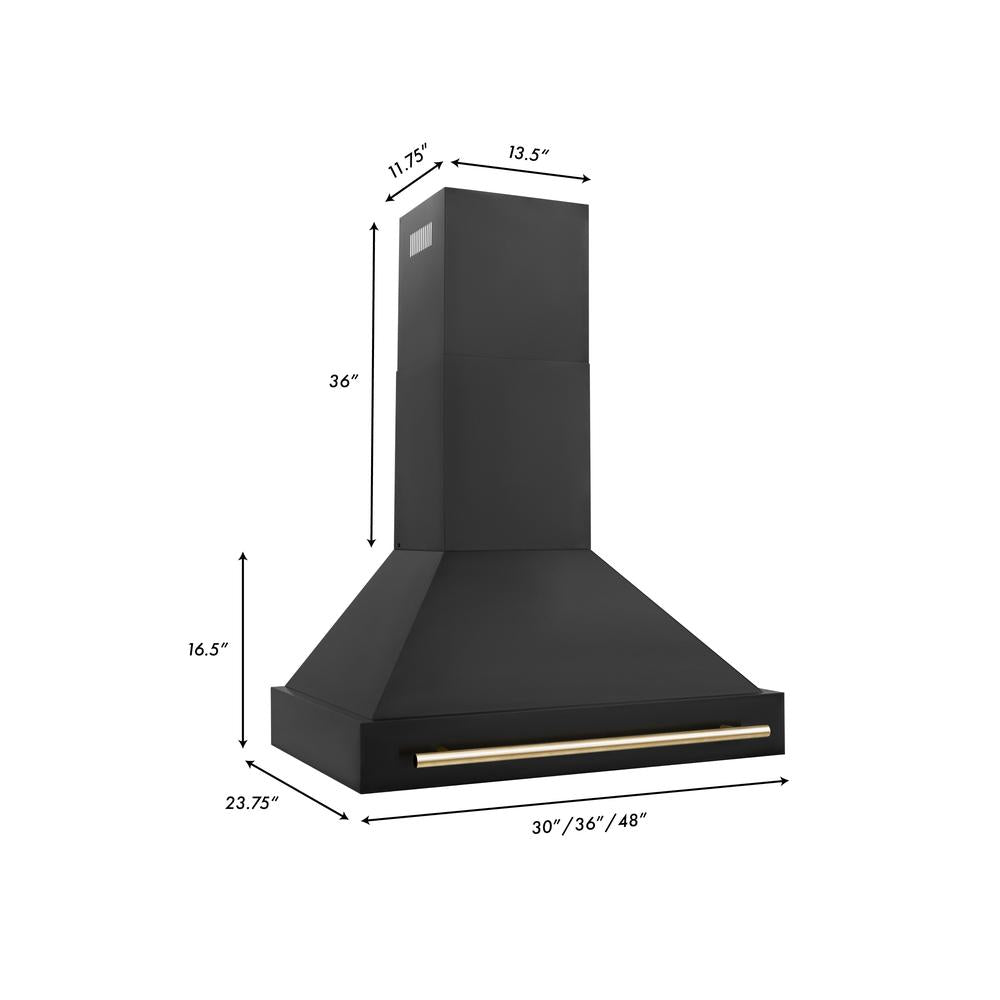 Autograph Edition 36 in. Kitchen Package with Black Stainless Steel Dual Fuel Range and Range Hood with Polished Gold Accents 2AKPRABRH36G
