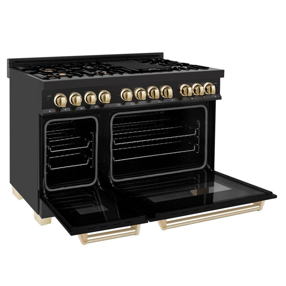 Autograph Edition 48 in. Kitchen Package with Black Stainless Steel Dual Fuel Range and Range Hood with Polished Gold Accents 2AKPRABRH48G