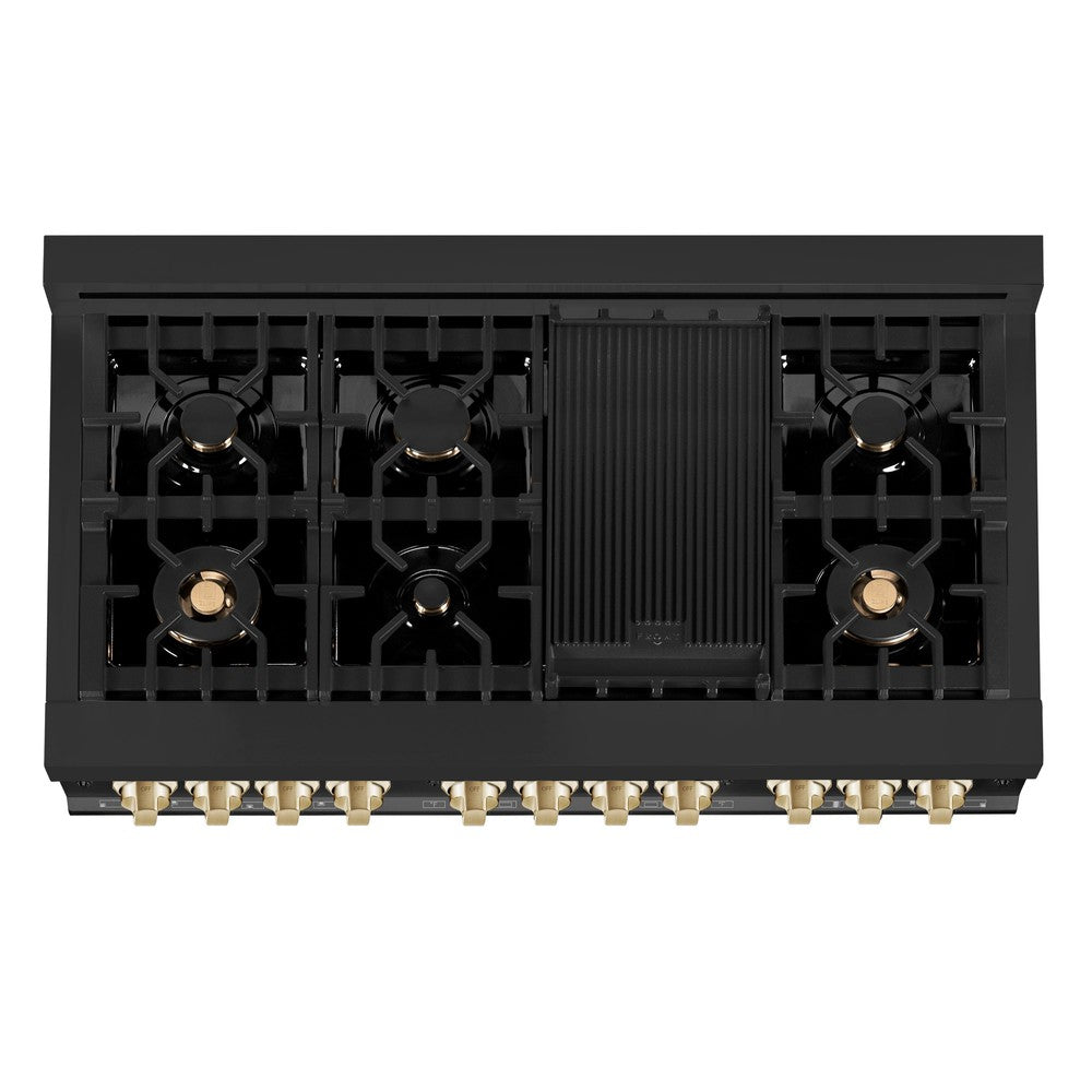 Autograph Edition 48 in. Kitchen Package with Black Stainless Steel Dual Fuel Range and Range Hood with Polished Gold Accents 2AKPRABRH48G