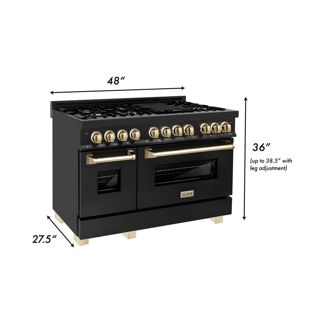 Autograph Edition 48 in. Kitchen Package with Black Stainless Steel Dual Fuel Range and Range Hood with Polished Gold Accents 2AKPRABRH48G