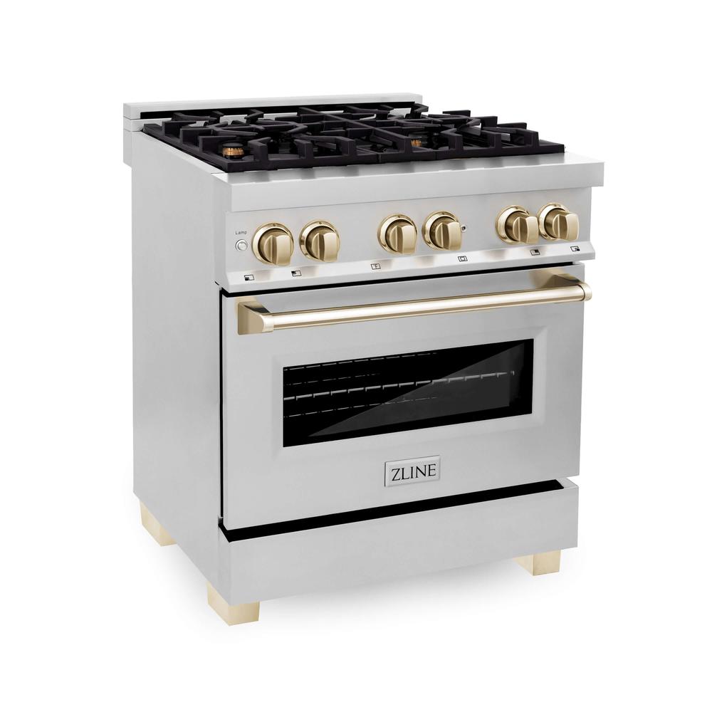 Autograph Edition 30 in. Kitchen Package with Stainless Steel Dual Fuel Range and Range Hood with Polished Gold Accents 2AKPRARH30G