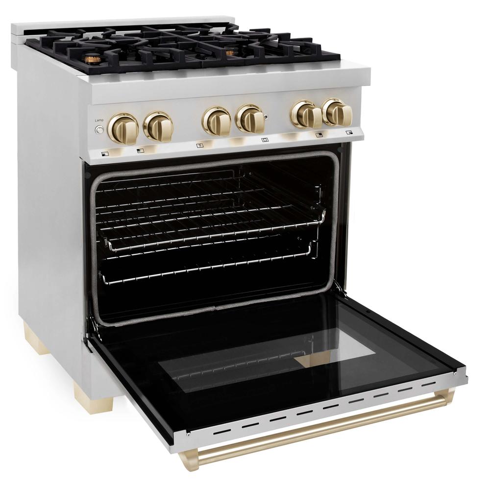 Autograph Edition 30 in. Kitchen Package with Stainless Steel Dual Fuel Range and Range Hood with Polished Gold Accents 2AKPRARH30G
