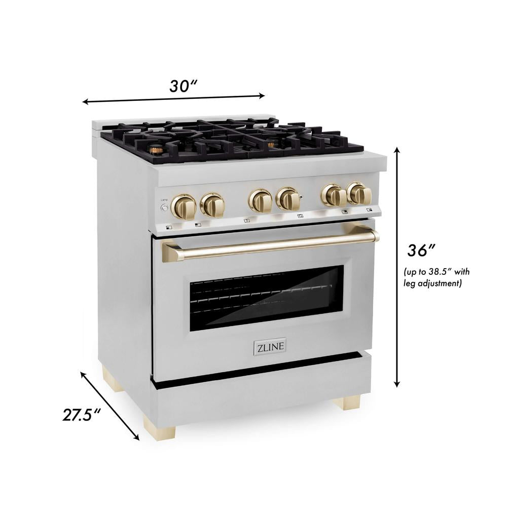 Autograph Edition 30 in. Kitchen Package with Stainless Steel Dual Fuel Range and Range Hood with Polished Gold Accents 2AKPRARH30G
