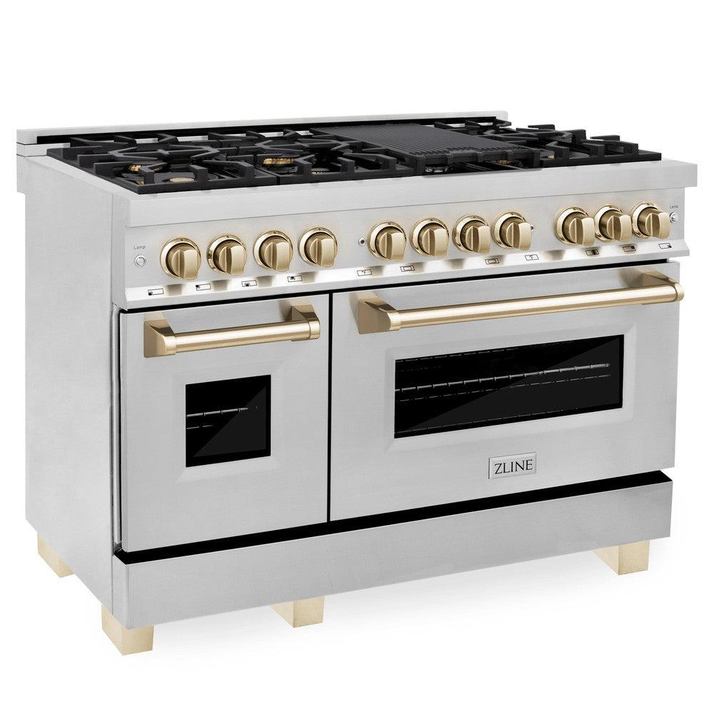 Autograph Edition 48 in. Kitchen Package with Stainless Steel Dual Fuel Range and Range Hood with Polished Gold Accents 2AKPRARH48G