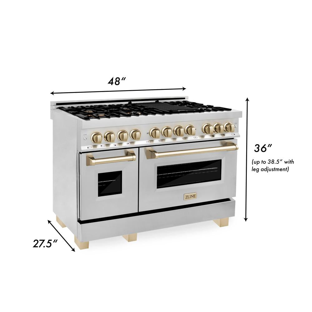 Autograph Edition 48 in. Kitchen Package with Stainless Steel Dual Fuel Range and Range Hood with Polished Gold Accents 2AKPRARH48G