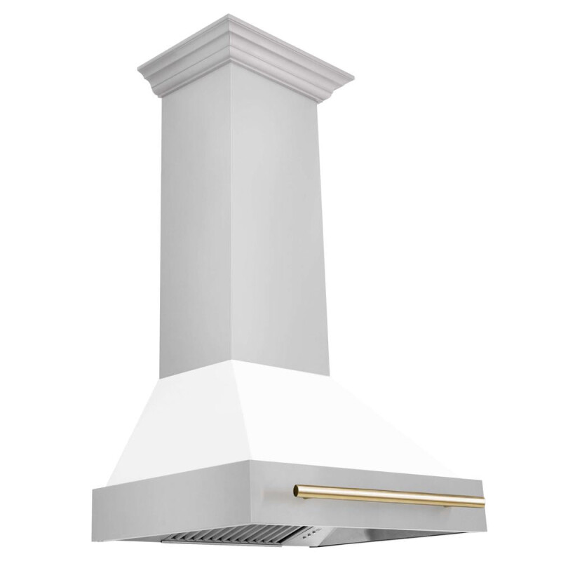 Autograph Edition 30 in. Kitchen Package with Stainless Steel Dual Fuel Range with White Matte Door and Range Hood with Polished Gold Accents 2AKPRAWMRH30G