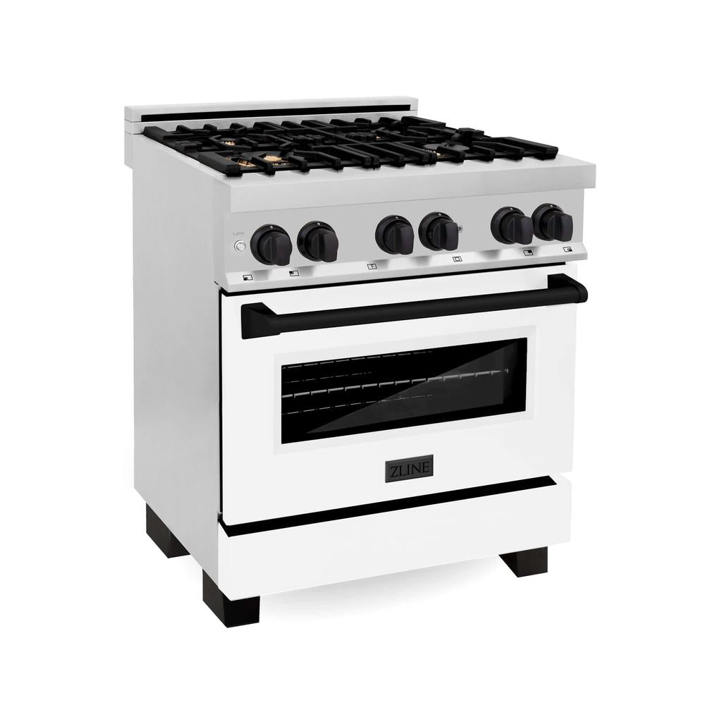 Autograph Edition 30 in. Kitchen Package with Stainless Steel Dual Fuel Range with White Matte Door and Range Hood with Matte Black Accents 2AKPRAWMRH30MB