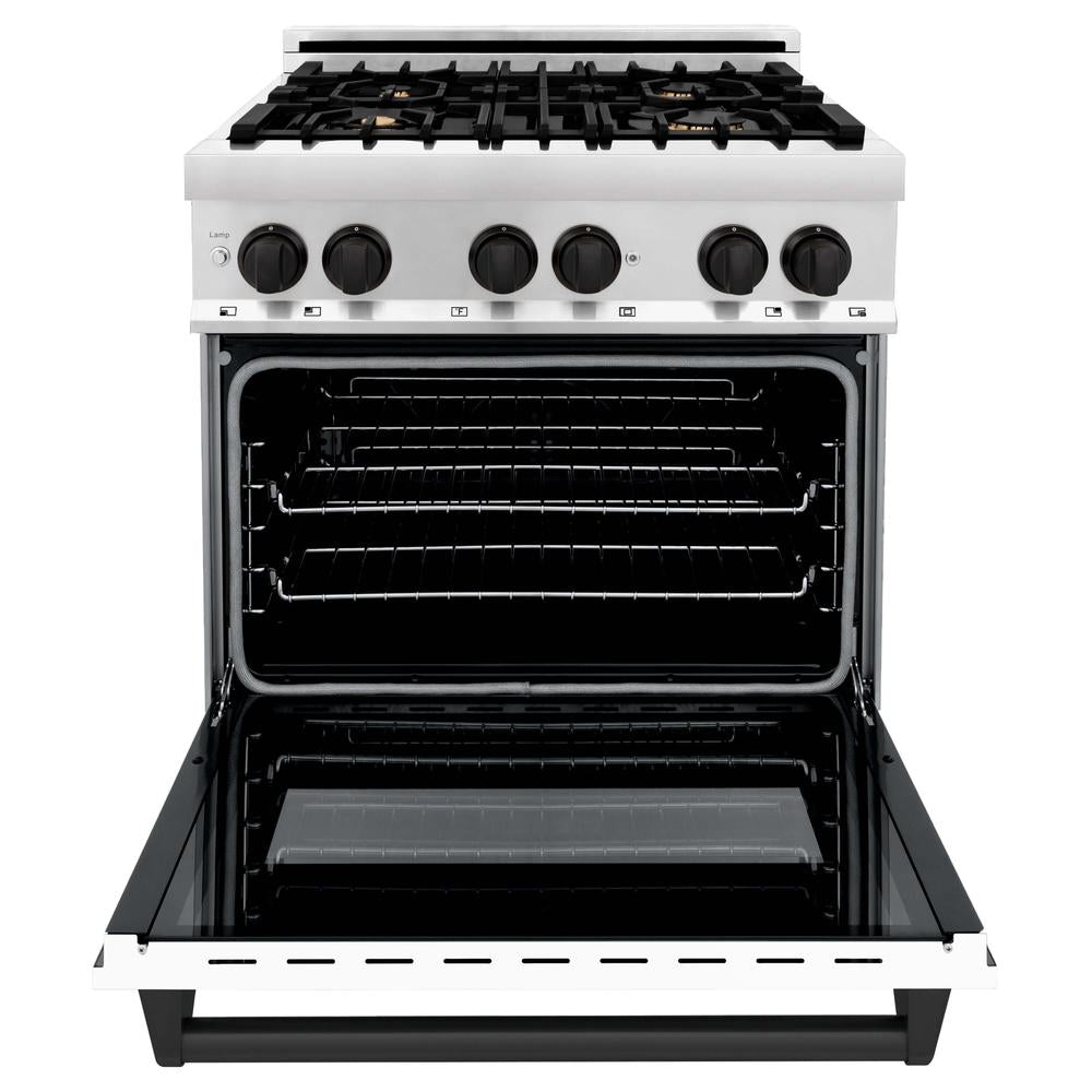 Autograph Edition 30 in. Kitchen Package with Stainless Steel Dual Fuel Range with White Matte Door and Range Hood with Matte Black Accents 2AKPRAWMRH30MB