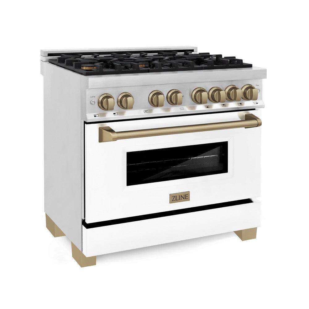 Autograph Edition 36 in. Kitchen Package with Stainless Steel Dual Fuel Range with White Matte Door and Range Hood with Champagne Bronze Accents 2AKPRAWMRH36CB